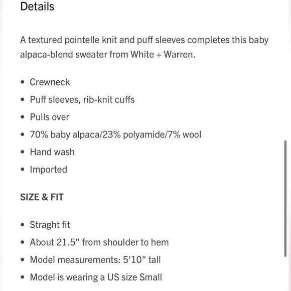 NWT White + Warren alpaca blend pointelle puff sleeve crew neck - Picture 5 of 12